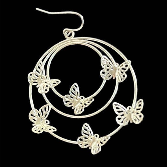 Butterfly Silver Tone Dangling Concentric circles Hoop Earrings - Picture 2 of 2